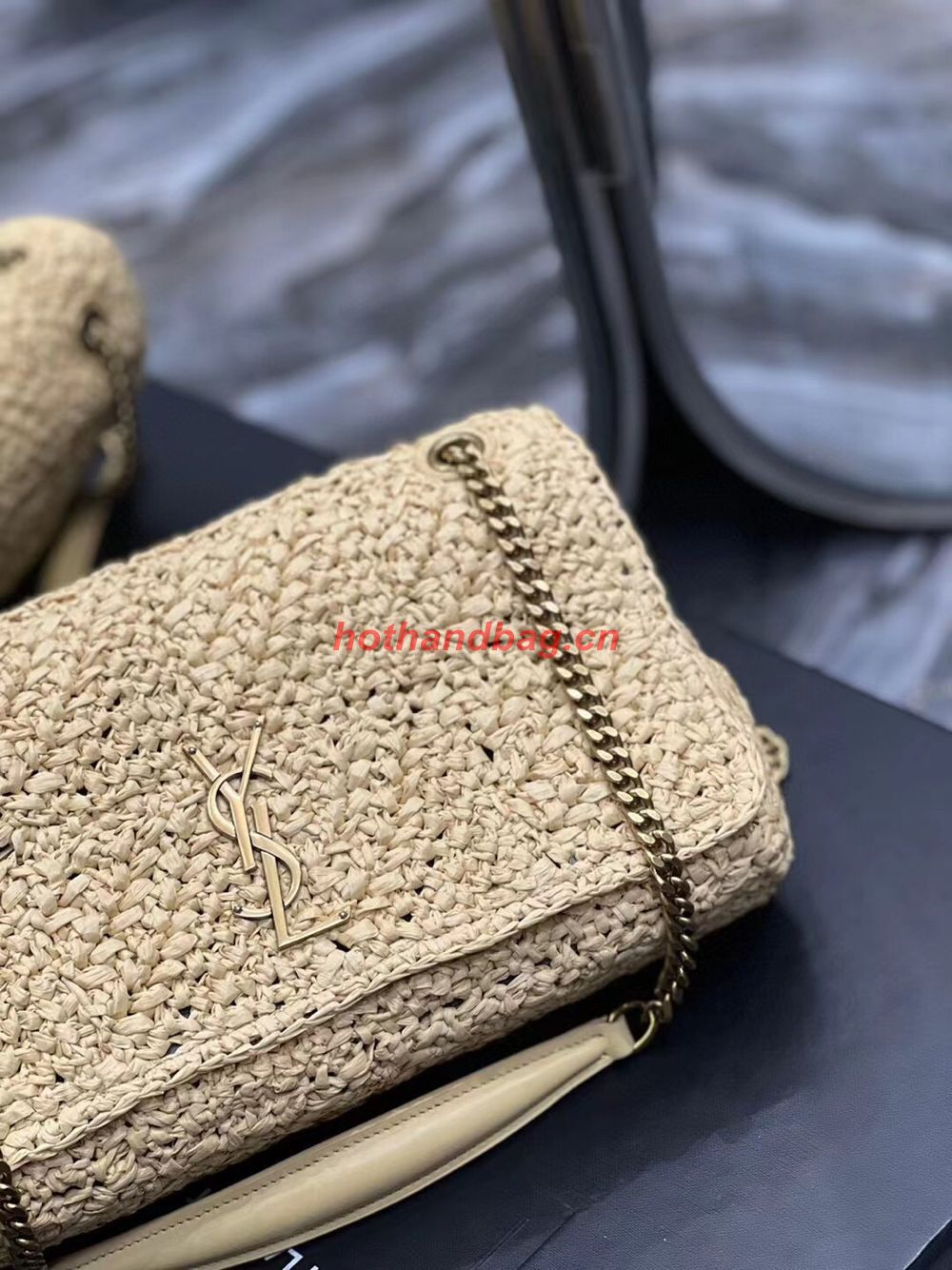 SAINT LAURENT JAMIE MEDIUM CHAIN BAG CARRE RIVE GAUCHE IN CROCHET RAFFIA AND SMOOTH LEATHER 515821 NATUREL SAINT LAURENT JAMIE MEDIUM CHAIN BAG CARRE RIVE GAUCHE IN CROCHET RAFFIA AND SMOOTH LEATHER 515821 NATUREL