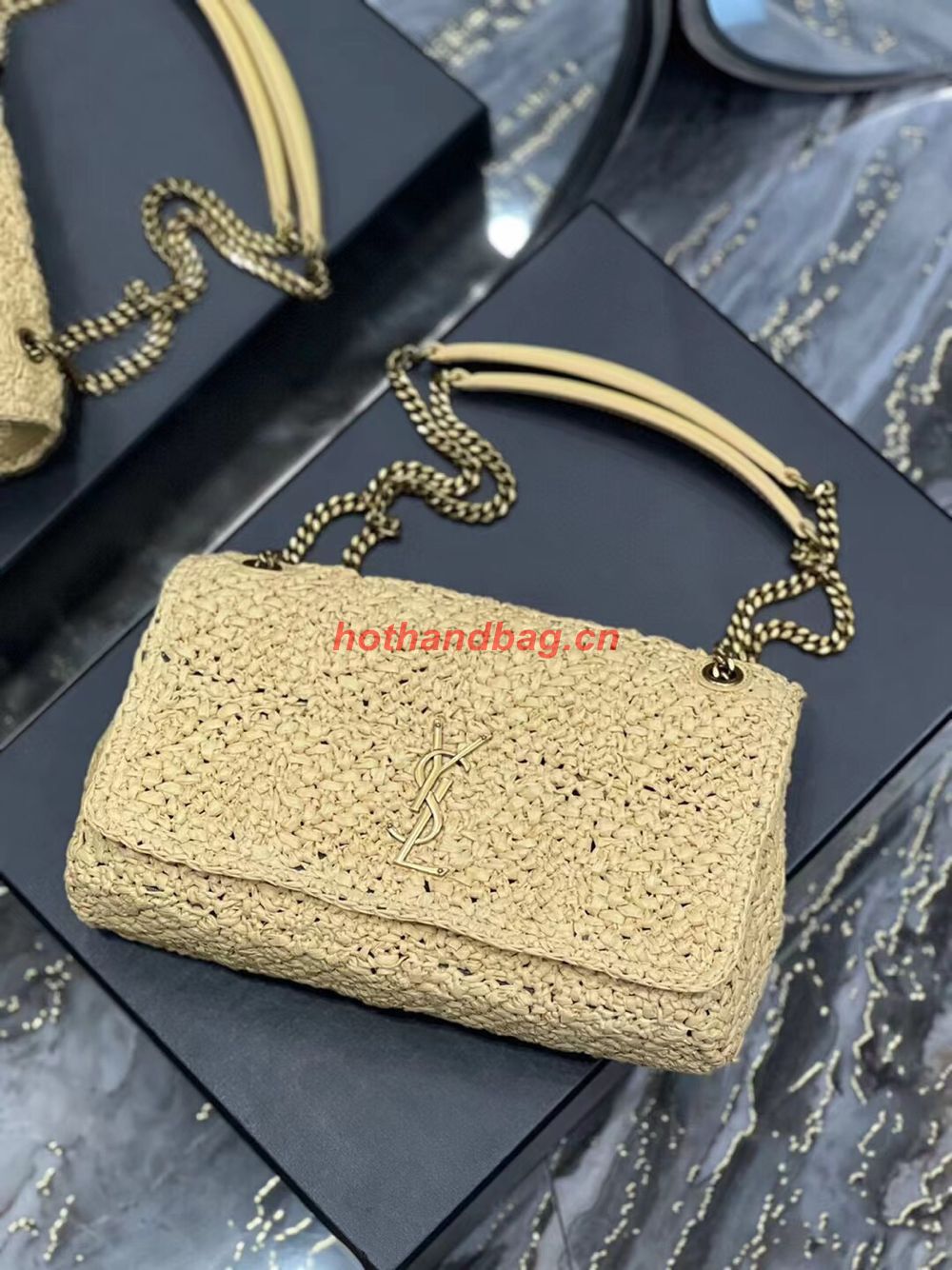 SAINT LAURENT JAMIE MEDIUM CHAIN BAG CARRE RIVE GAUCHE IN CROCHET RAFFIA AND SMOOTH LEATHER 515821 NATUREL SAINT LAURENT JAMIE MEDIUM CHAIN BAG CARRE RIVE GAUCHE IN CROCHET RAFFIA AND SMOOTH LEATHER 515821 NATUREL