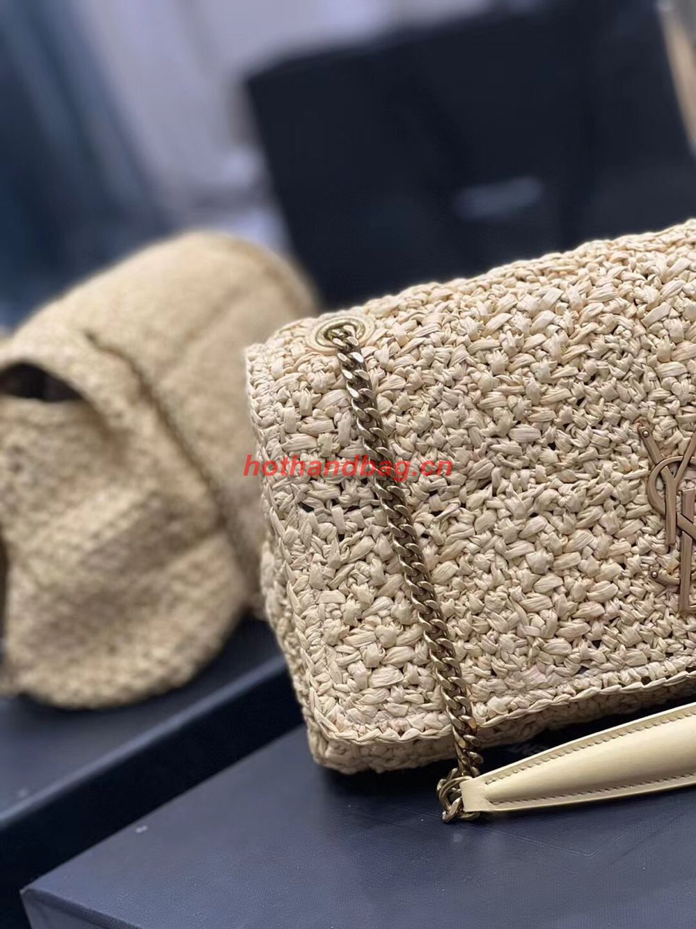 SAINT LAURENT JAMIE MEDIUM CHAIN BAG CARRE RIVE GAUCHE IN CROCHET RAFFIA AND SMOOTH LEATHER 515821 NATUREL SAINT LAURENT JAMIE MEDIUM CHAIN BAG CARRE RIVE GAUCHE IN CROCHET RAFFIA AND SMOOTH LEATHER 515821 NATUREL