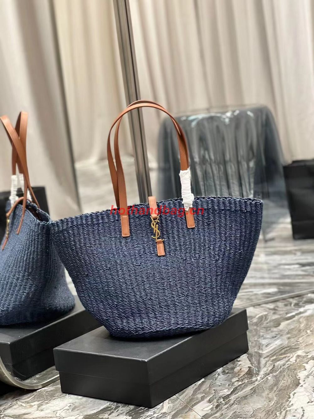 SAINT LAURENT PANIER MEDIUM BAG IN CROCHET RAFFIA AND SMOOTH LEATHER 688221 dark blue SAINT LAURENT PANIER MEDIUM BAG IN CROCHET RAFFIA AND SMOOTH LEATHER 688221 dark blue