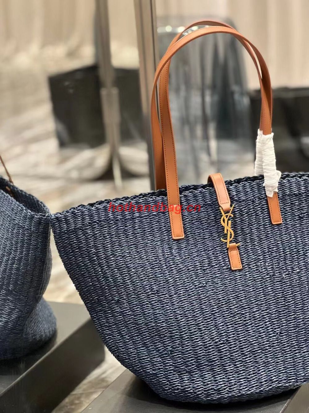SAINT LAURENT PANIER MEDIUM BAG IN CROCHET RAFFIA AND SMOOTH LEATHER 688221 dark blue SAINT LAURENT PANIER MEDIUM BAG IN CROCHET RAFFIA AND SMOOTH LEATHER 688221 dark blue