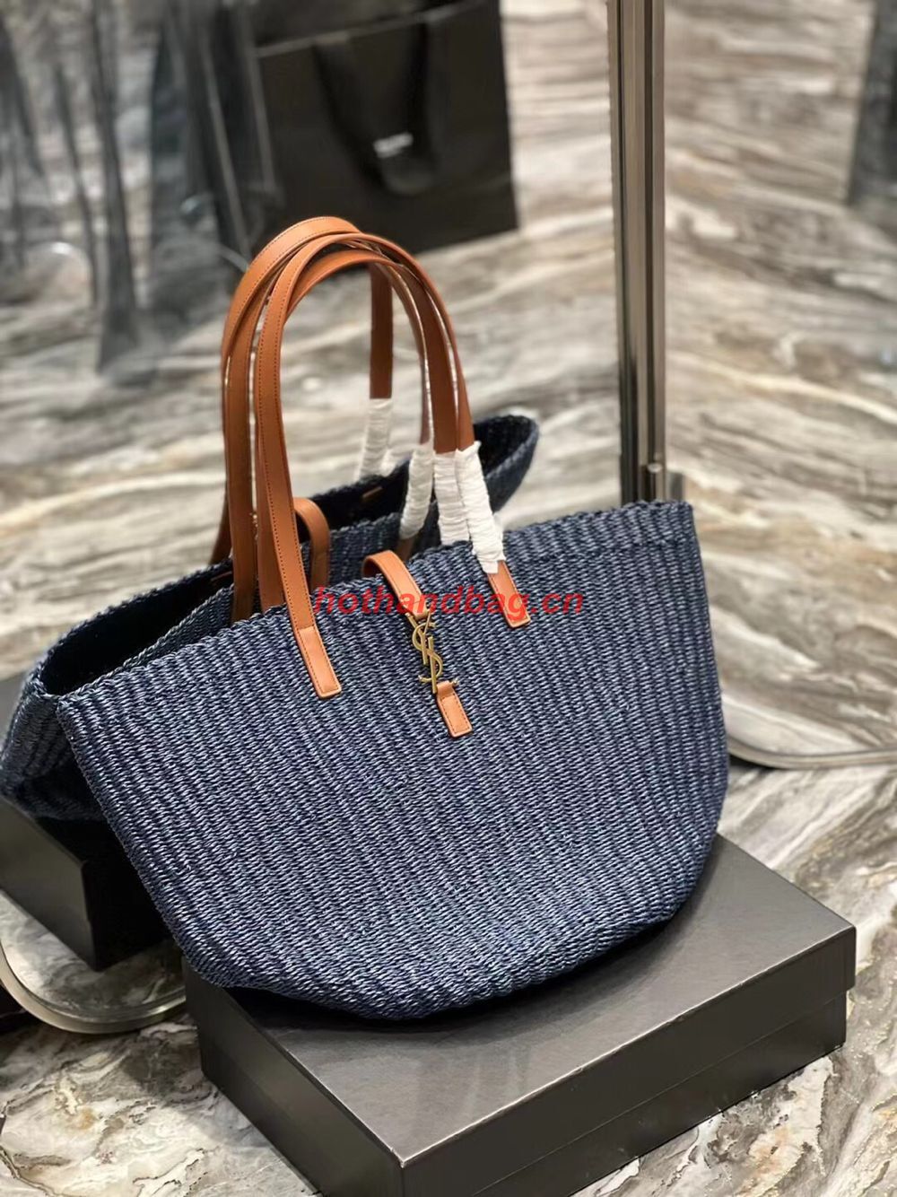 SAINT LAURENT PANIER MEDIUM BAG IN CROCHET RAFFIA AND SMOOTH LEATHER 688221 dark blue SAINT LAURENT PANIER MEDIUM BAG IN CROCHET RAFFIA AND SMOOTH LEATHER 688221 dark blue