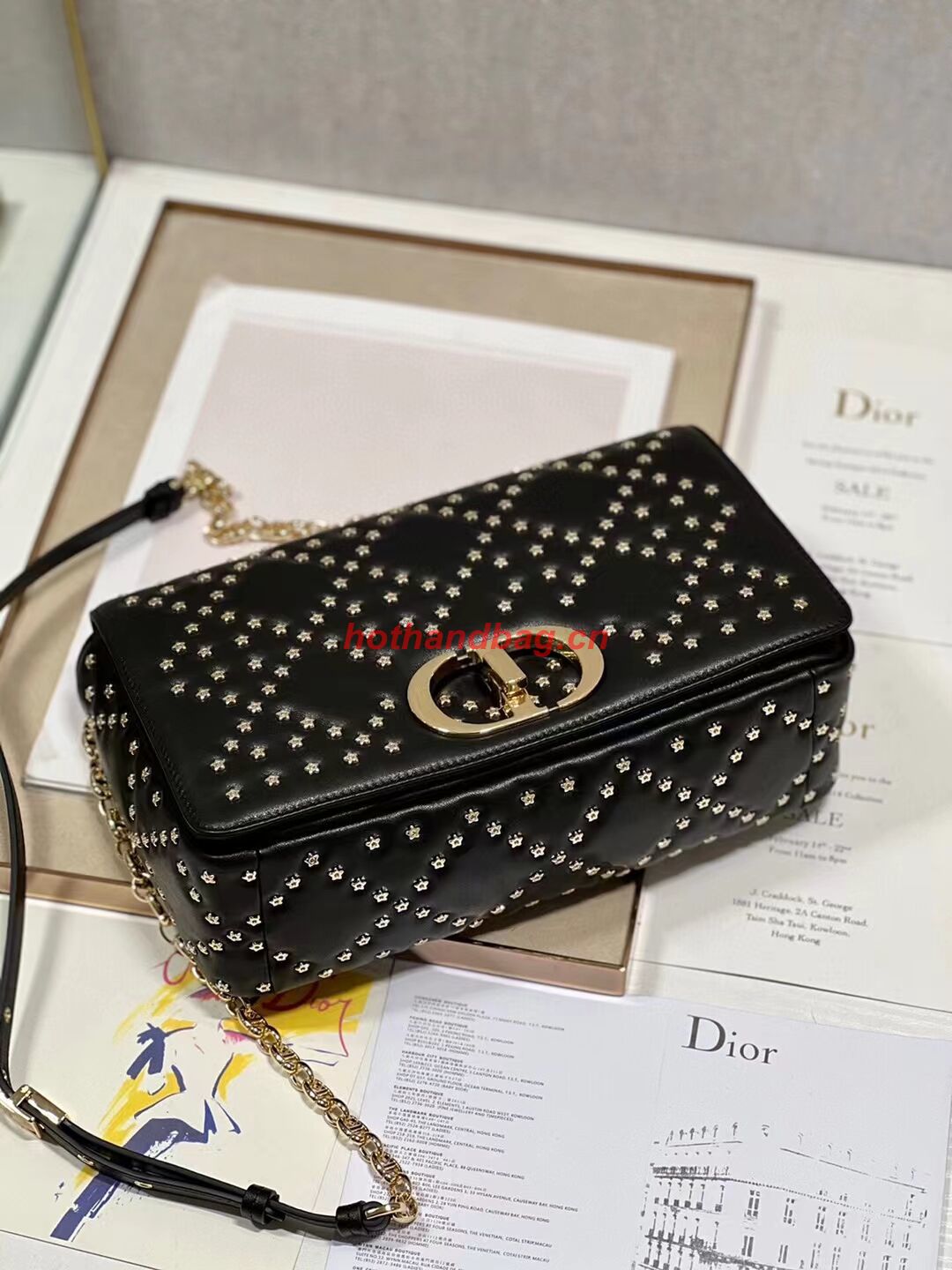 DIOR CARO MACROCANNAGE POUCH Macrocannage Calfskin with Star Motif C3136 black&gold DIOR CARO MACROCANNAGE POUCH Macrocannage Calfskin with Star Motif C3136 black&gold