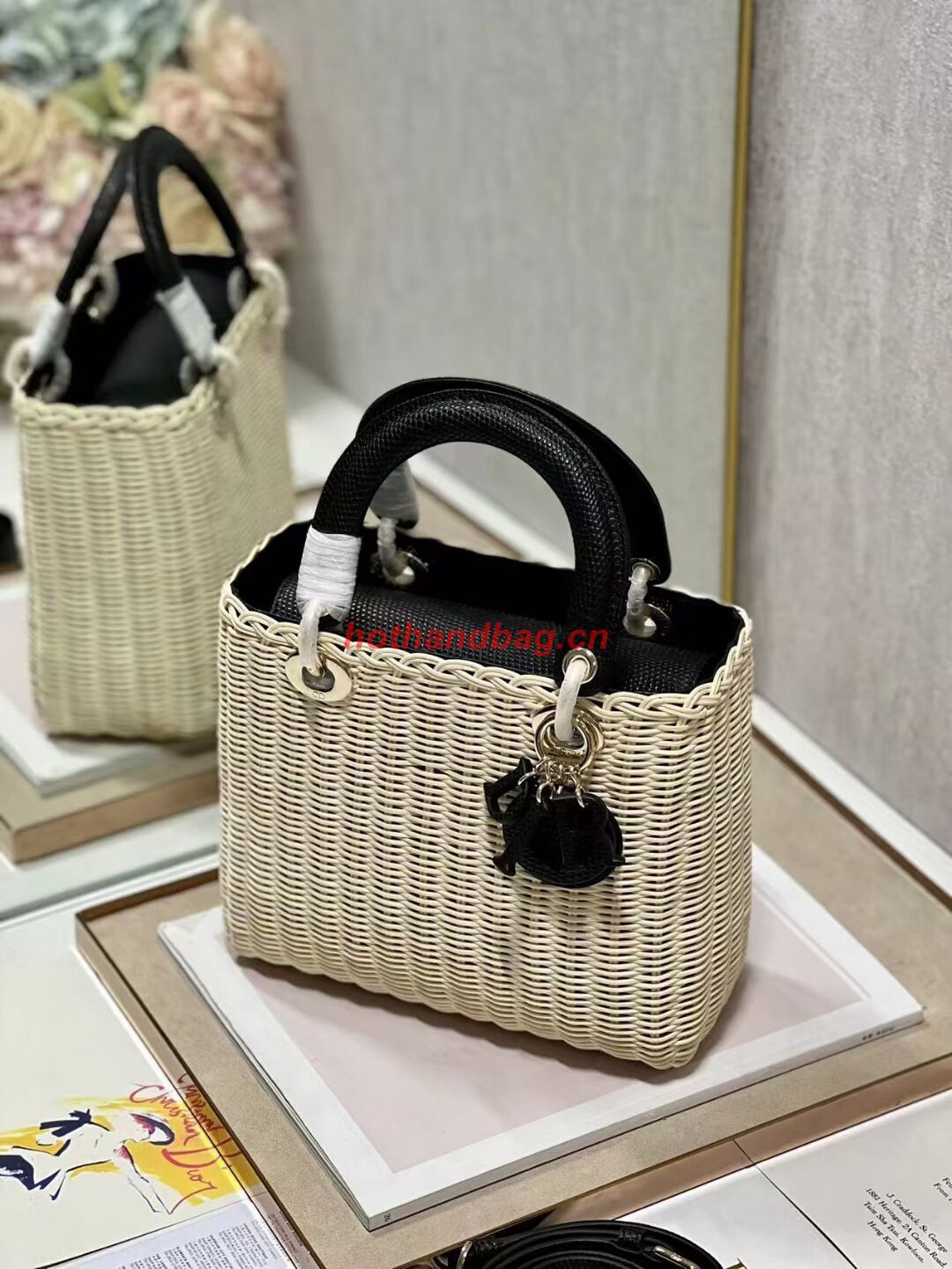 MEDIUM LADY DIOR BAG Natural Wicker and Black Lizard skin M0565 MEDIUM LADY DIOR BAG Natural Wicker and Black Lizard skin M0565