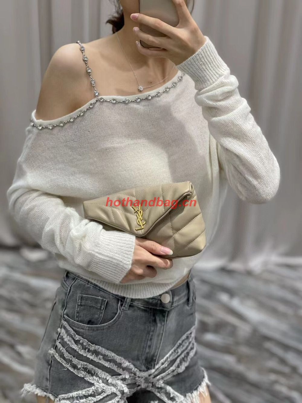 SAINT LAUREN PUFFER SMALL POUCH IN QUILTED LAMBSKIN 6508801 TAUPE&GOLD SAINT LAUREN PUFFER SMALL POUCH IN QUILTED LAMBSKIN 6508801 TAUPE&GOLD