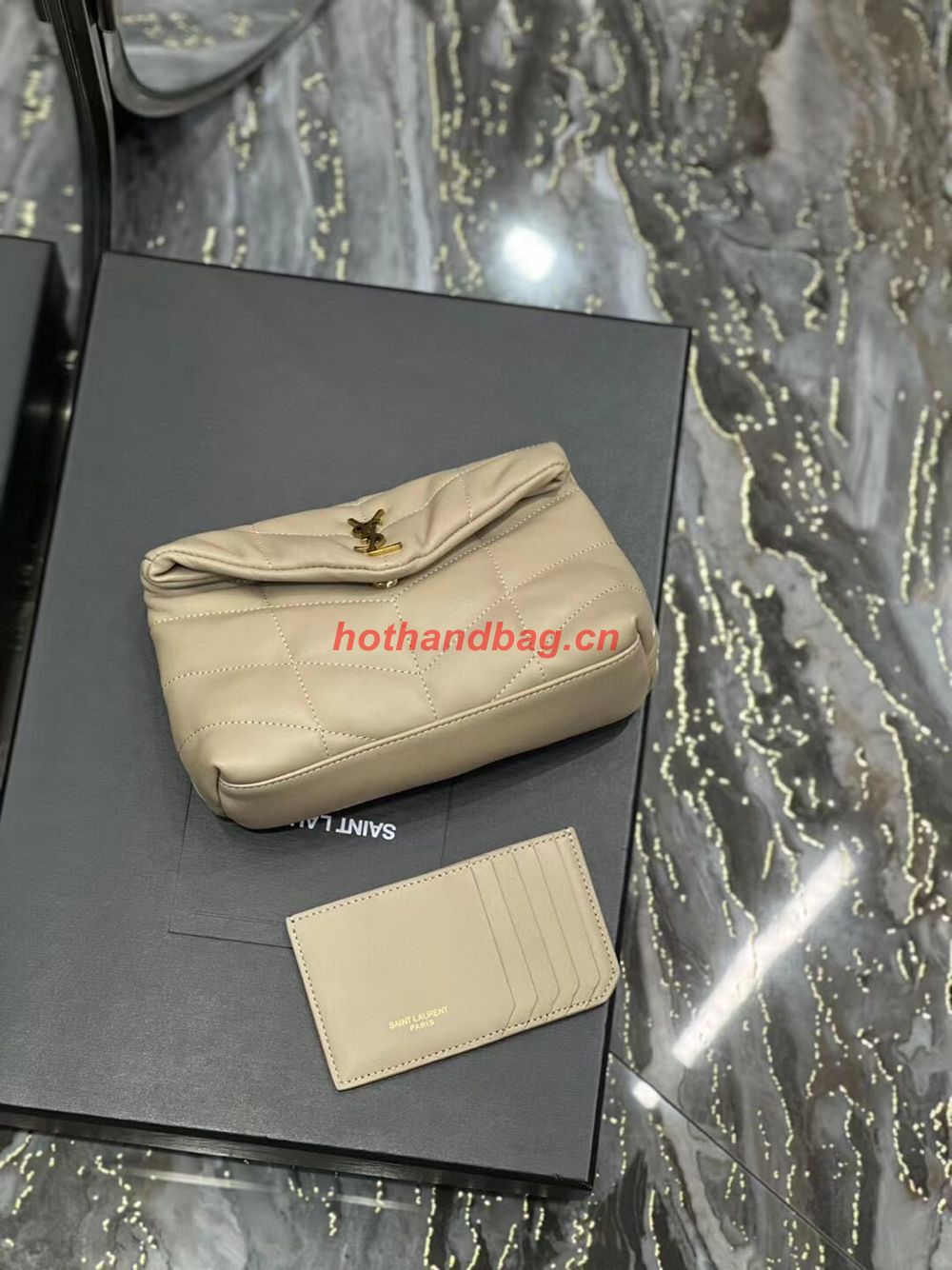 SAINT LAUREN PUFFER SMALL POUCH IN QUILTED LAMBSKIN 6508801 TAUPE&GOLD SAINT LAUREN PUFFER SMALL POUCH IN QUILTED LAMBSKIN 6508801 TAUPE&GOLD