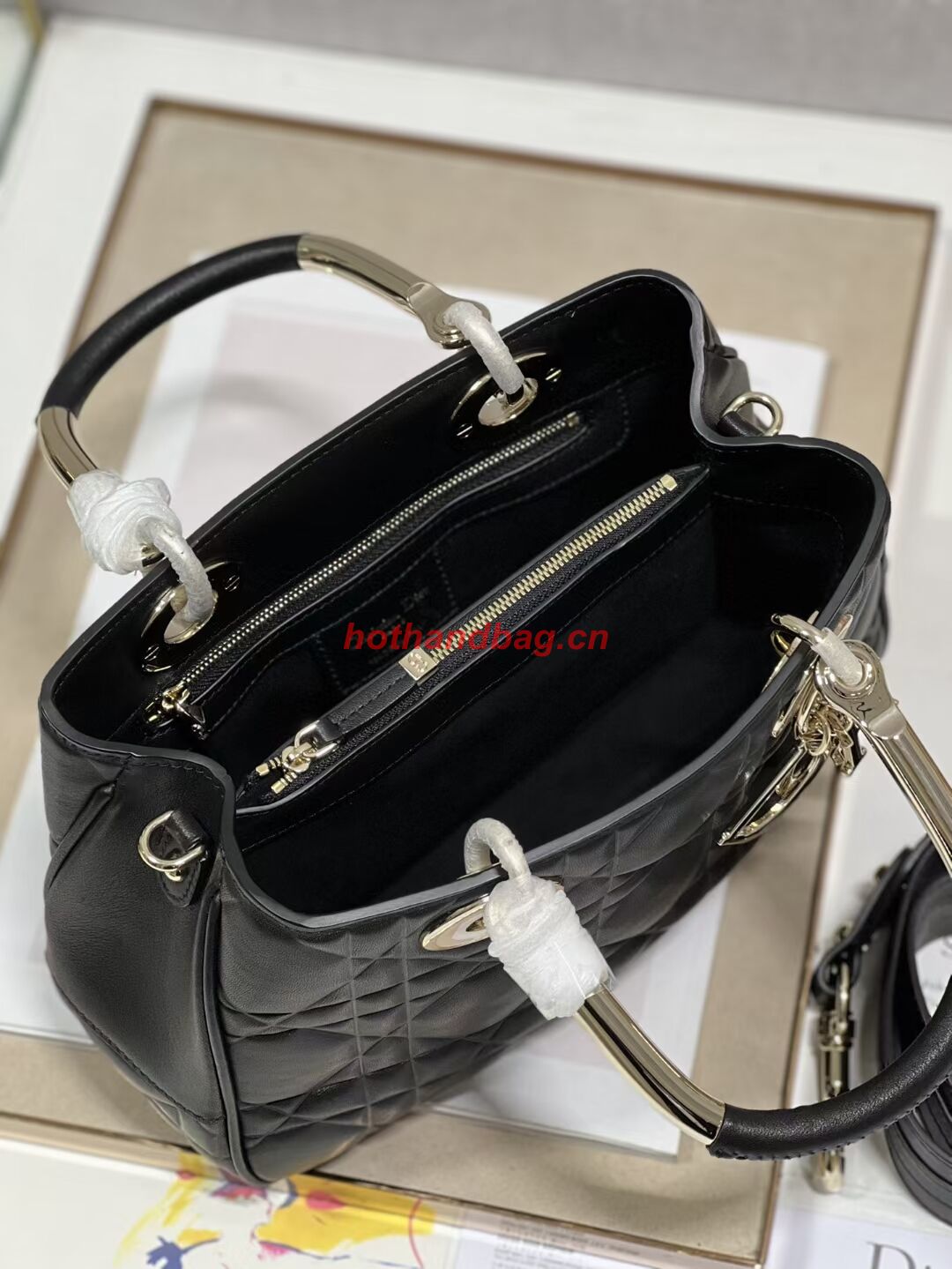 LADY DIOR TOP HANDLE MEDIUM BAG Cannage Lambskin C9227 BLACK&GOLD LADY DIOR TOP HANDLE MEDIUM BAG Cannage Lambskin C9227 BLACK&GOLD