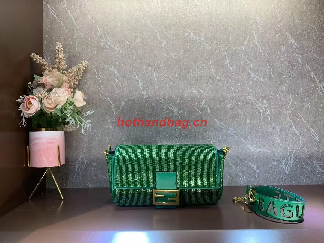 Fendi Baguette crystals and leather bag F0961 green Fendi Baguette crystals and leather bag F0961 green