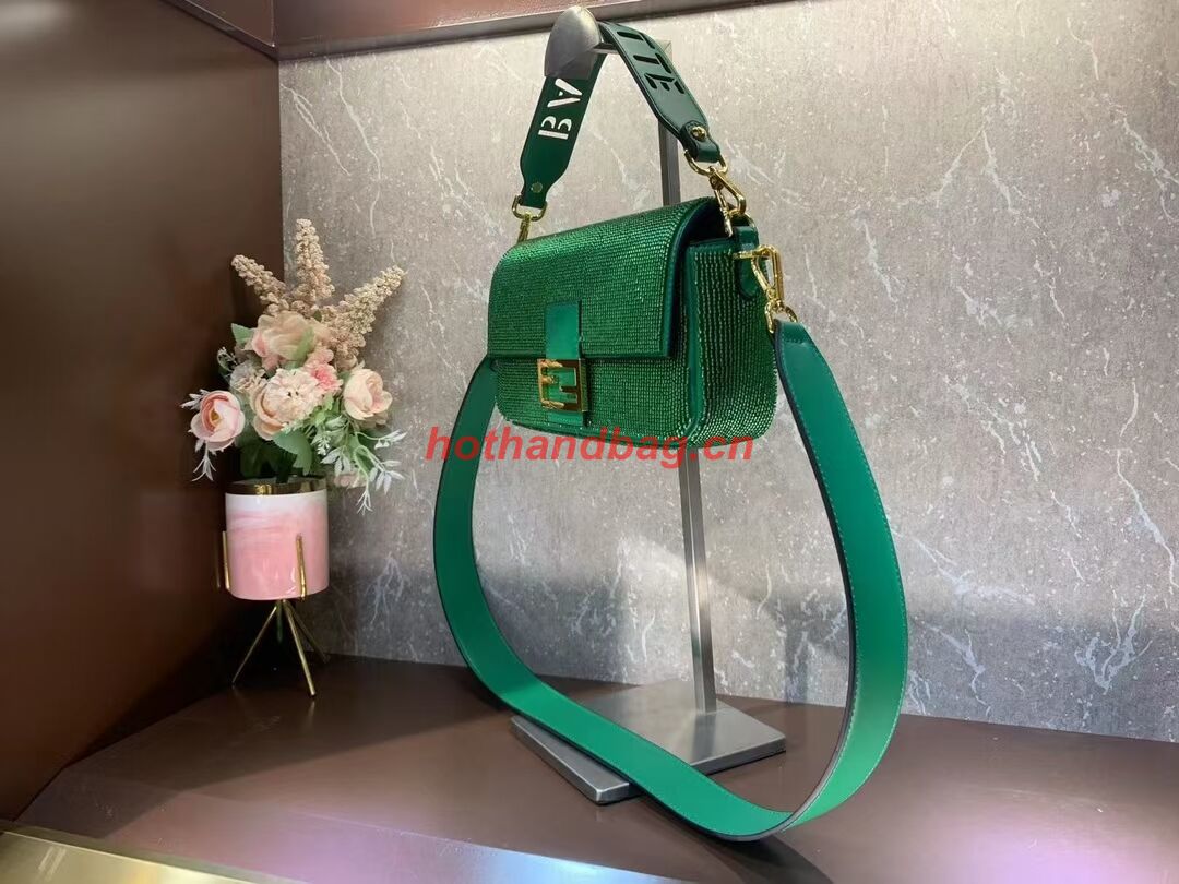 Fendi Baguette crystals and leather bag F0961 green Fendi Baguette crystals and leather bag F0961 green