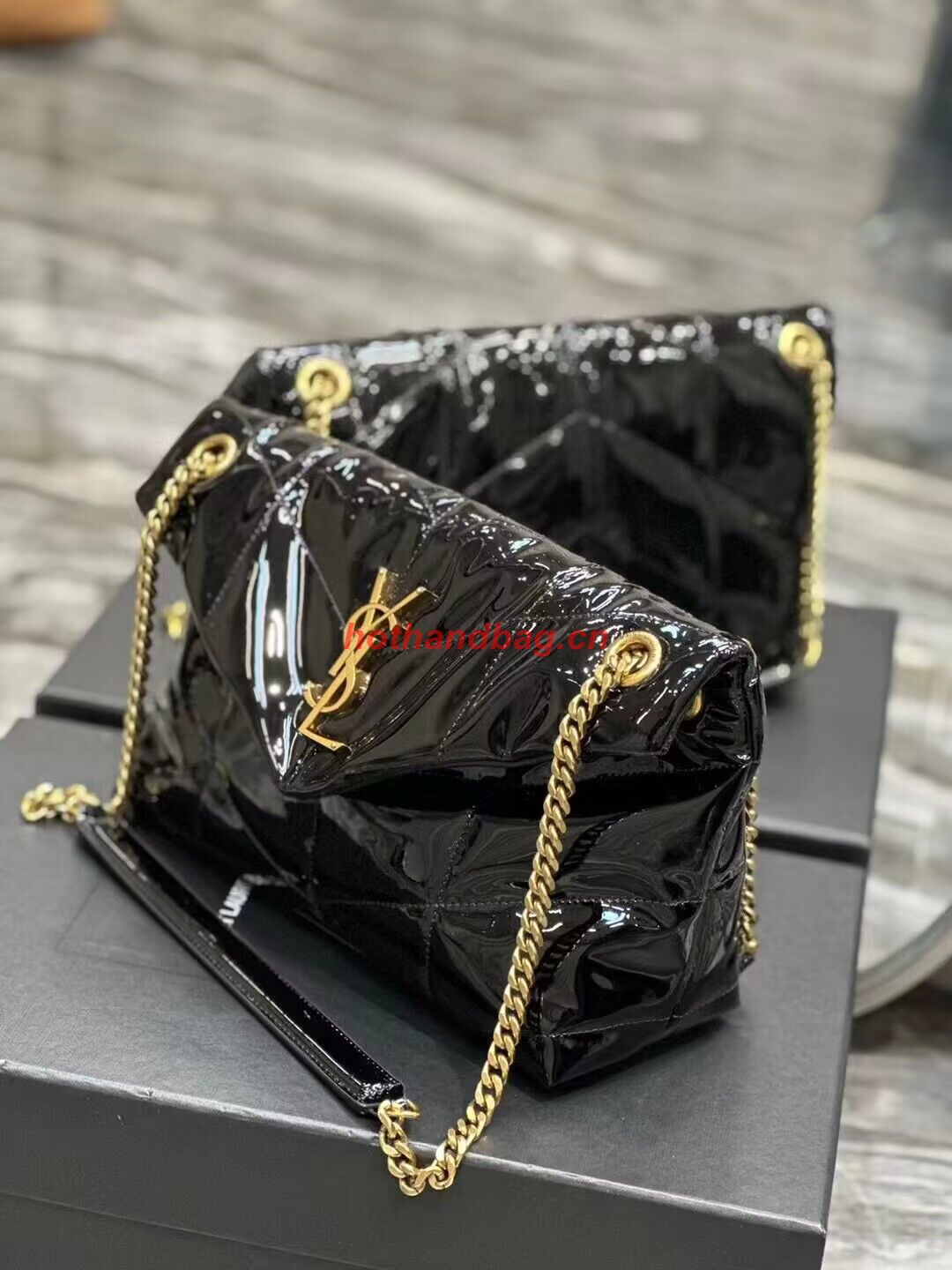 SAINT LAUREN PUFFER SMALL CHAIN BAG IN QUILTED PATENT Y777476 black SAINT LAUREN PUFFER SMALL CHAIN BAG IN QUILTED PATENT Y777476 black