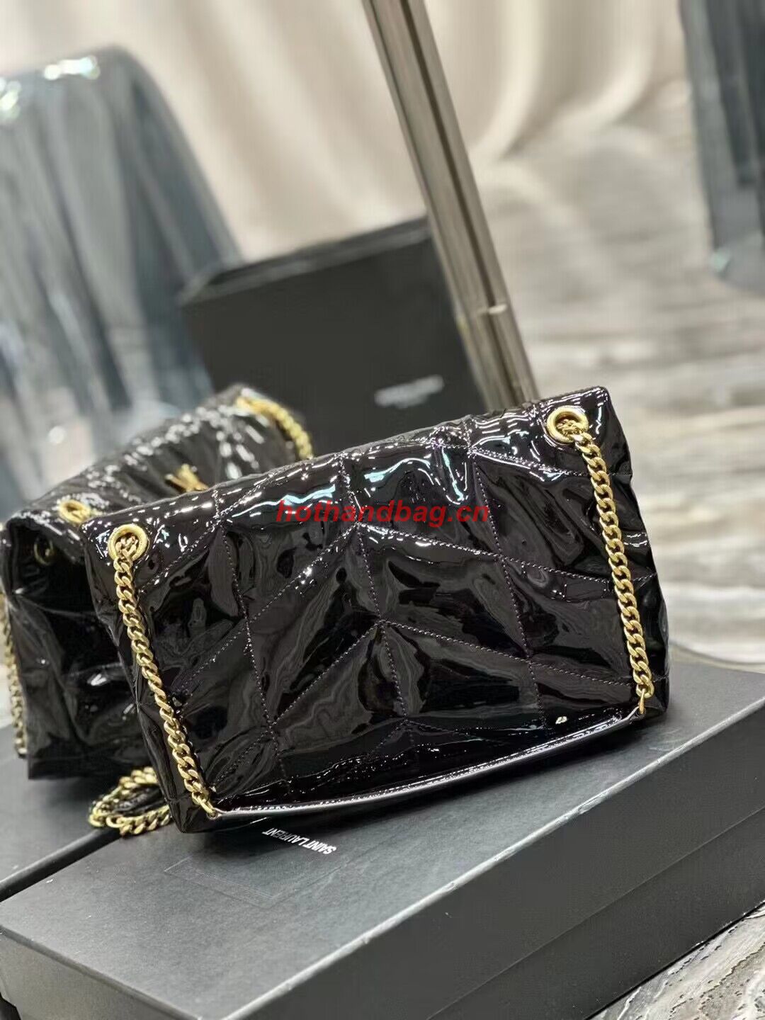 SAINT LAUREN PUFFER SMALL CHAIN BAG IN QUILTED PATENT Y777476 black SAINT LAUREN PUFFER SMALL CHAIN BAG IN QUILTED PATENT Y777476 black