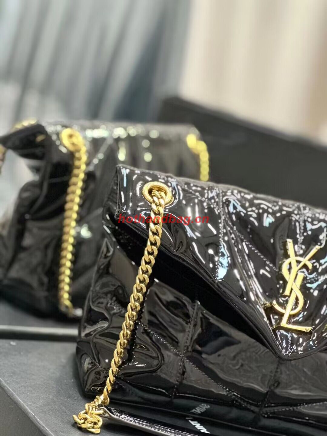 SAINT LAUREN PUFFER SMALL CHAIN BAG IN QUILTED PATENT Y777476 black SAINT LAUREN PUFFER SMALL CHAIN BAG IN QUILTED PATENT Y777476 black