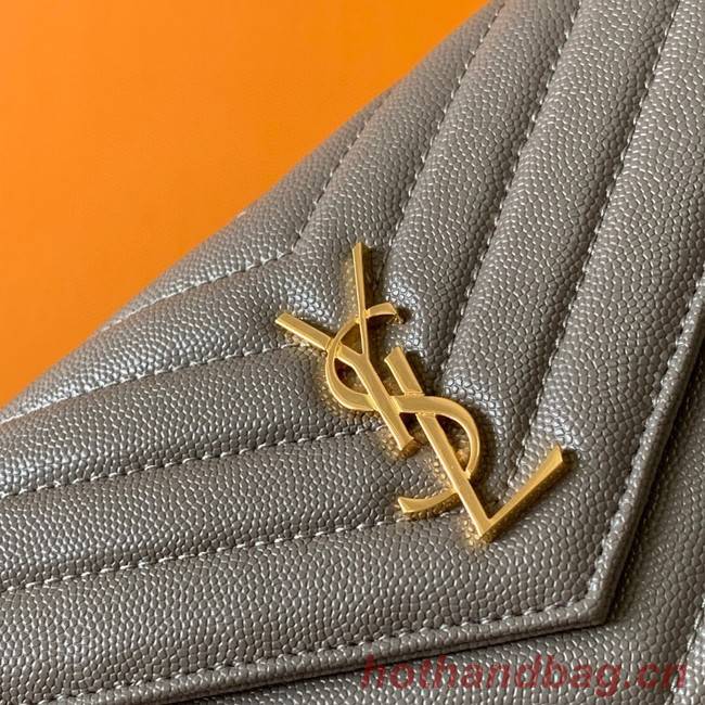 SAINT LAURENT CASSANDRE MATELASSE ENVELOPE CHAIN WALLET IN GRAIN DE POUDRE EMBOSSED LEATHER 393953 GRAY