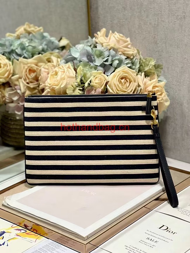 LARGE DIOR CARO DAILY POUCH Natural and Denim Blue Mariniere Raffia S5086UGAK LARGE DIOR CARO DAILY POUCH Natural and Denim Blue Mariniere Raffia S5086UGAK