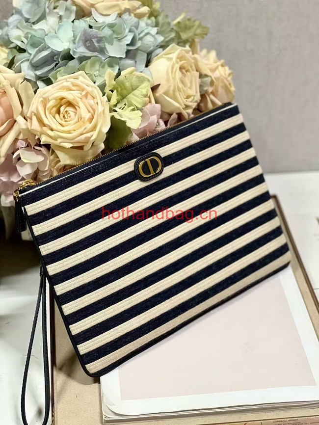 LARGE DIOR CARO DAILY POUCH Natural and Denim Blue Mariniere Raffia S5086UGAK LARGE DIOR CARO DAILY POUCH Natural and Denim Blue Mariniere Raffia S5086UGAK