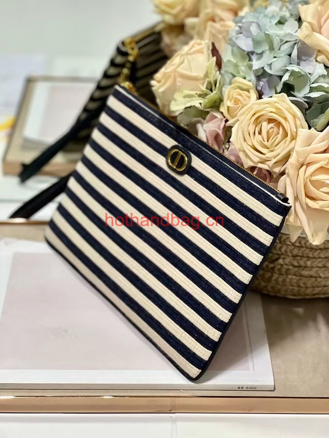 LARGE DIOR CARO DAILY POUCH Natural and Denim Blue Mariniere Raffia S5086UGAK LARGE DIOR CARO DAILY POUCH Natural and Denim Blue Mariniere Raffia S5086UGAK