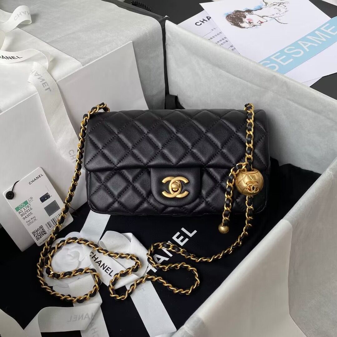 Chanel MINI Flap Bag Original Sheepskin Leather AS1787 Black & Gold Ball Chanel MINI Flap Bag Original Sheepskin Leather AS1787 Black & Gold Ball