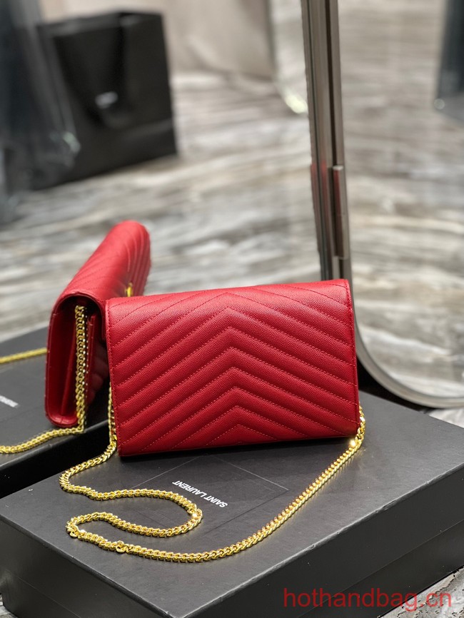SAINT LAUREN CASSANDRE MATELASSE CHAIN WALLET IN GRAIN DE POUDRE EMBOSSED LEATHER 377828 RED