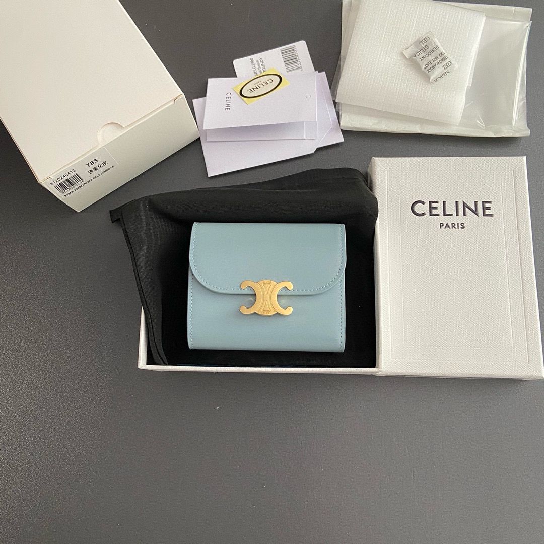 Celine SMALL WALLET TRIOMPHE IN SHINY CALFSKIN 10D783 BLUE Celine SMALL WALLET TRIOMPHE IN SHINY CALFSKIN 10D783 BLUE