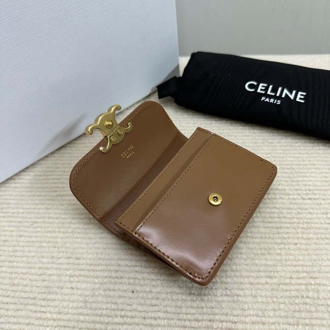 Celine CARD HOLDER WITH FLAP TRIOMPHE IN SHINY CALFSKIN 10I583 Khaki