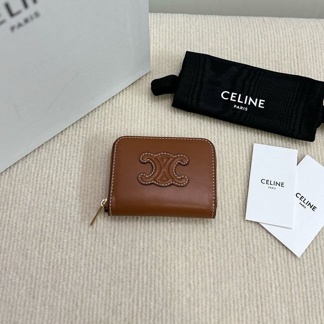 Celine COMPACT ZIPPED WALLET CUIR TRIOMPHE IN SMOOTH CALFSKIN 10K533 tan