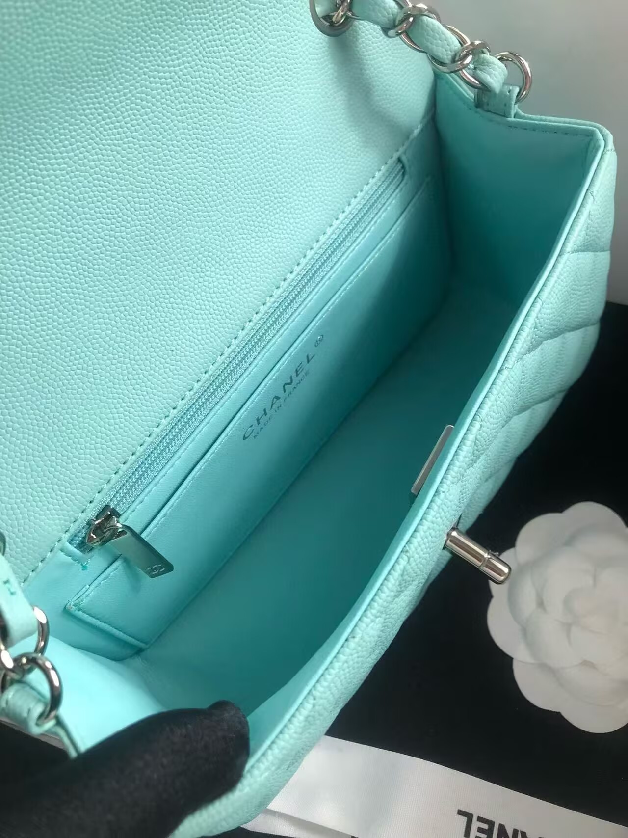 Chanel Flap Shoulder Bag Grained Calfskin Caviar Leather A01116 silver-Tone Metal sky blue