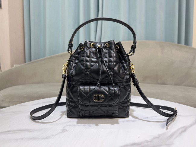 Small Dior Caro Bucket Bag Black Macrocannage Lambskin M3372UNOZ 