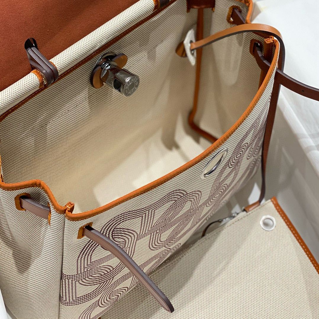 Hermes Herbag 31CM Original Canvas Print Leather & Calfskin 48887 Cream&Brown Hermes Herbag 31CM Original Canvas Print Leather & Calfskin 48887 Cream&Brown
