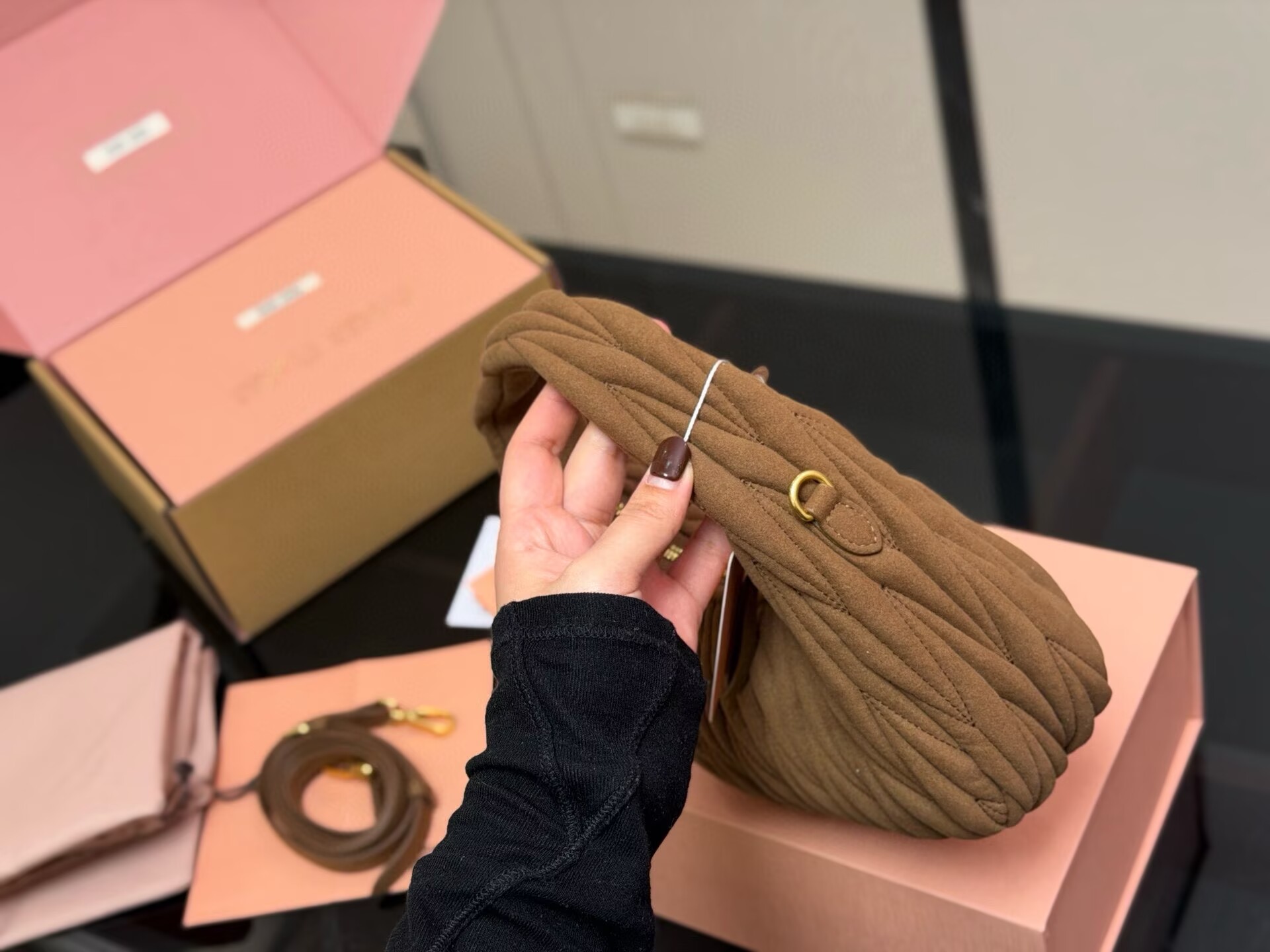 Miu Miu Women Wander Matelasse Suede Top Handle Bag MM63201 Dark Brown Miu Miu Women Wander Matelasse Suede Top Handle Bag MM63201 Dark Brown