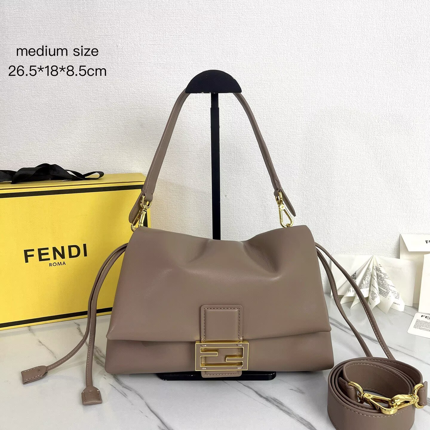 FENDI 2025 Mamma Baguette Original Leather Medium Bag FF8851 Gray