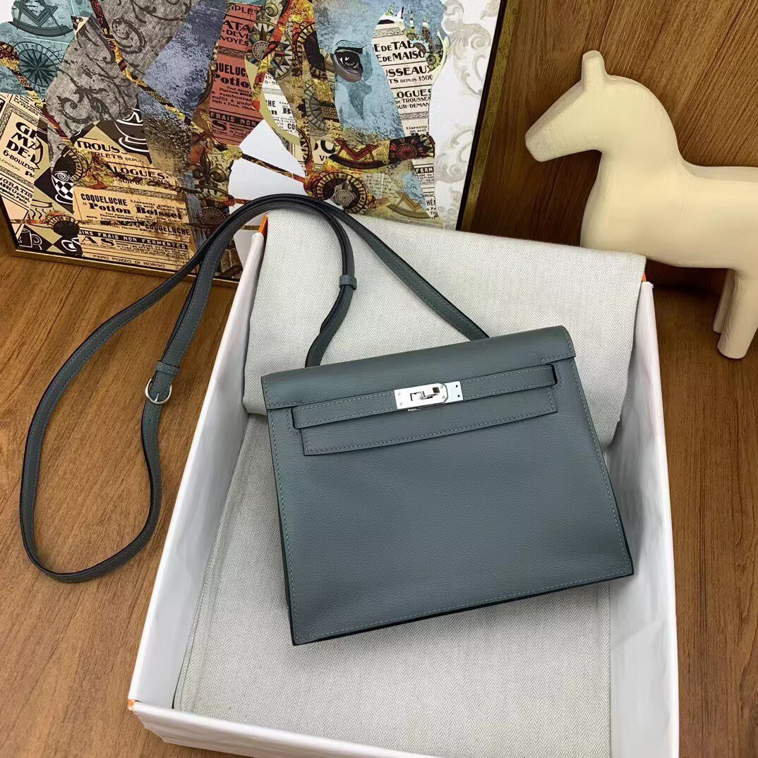 Hermes Kelly Danse Original Evercolor Leather 22CM KL22 Almond Green Silver-Tone
