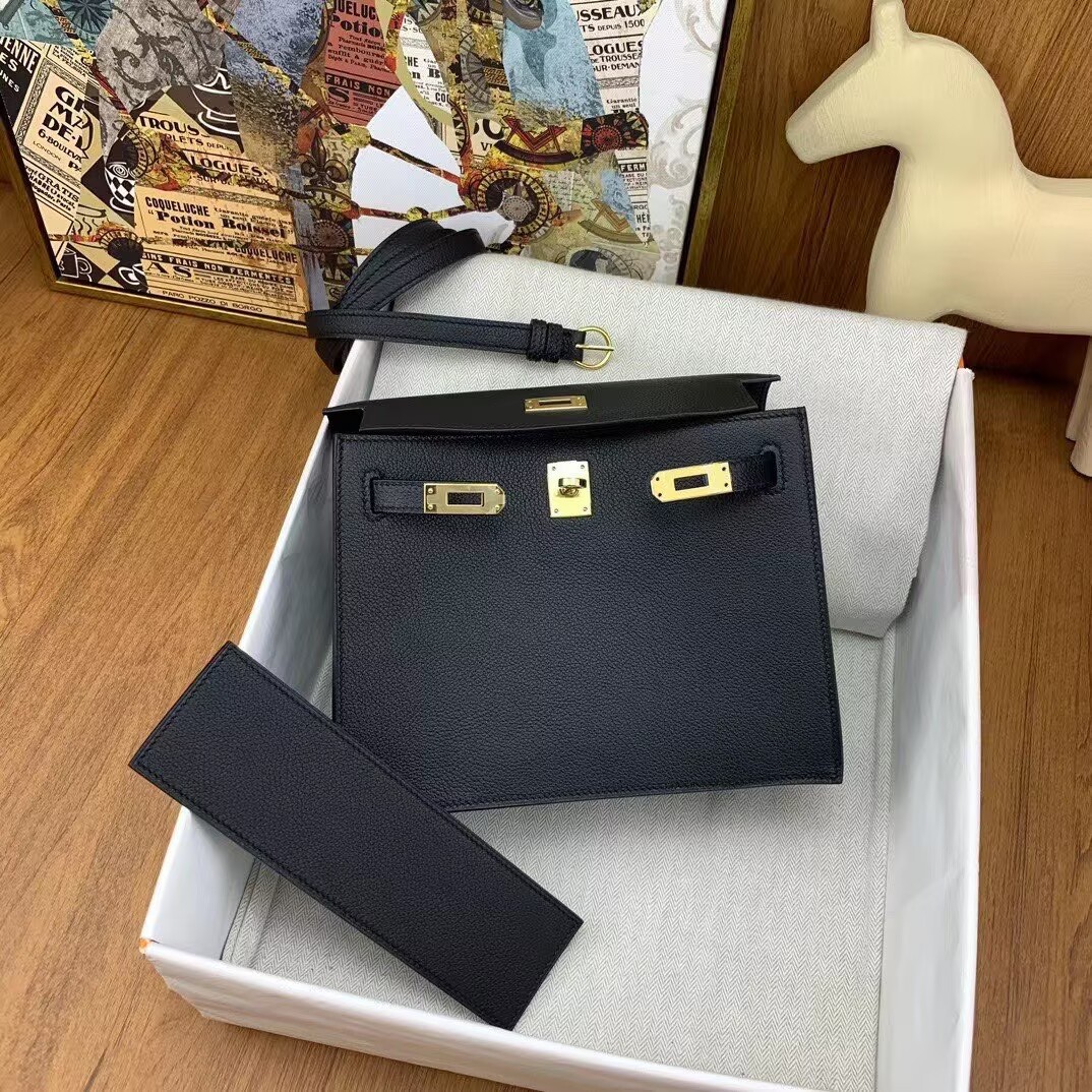 Hermes Kelly Danse Original Evercolor Leather 22CM KL22 Black Gold-Tone