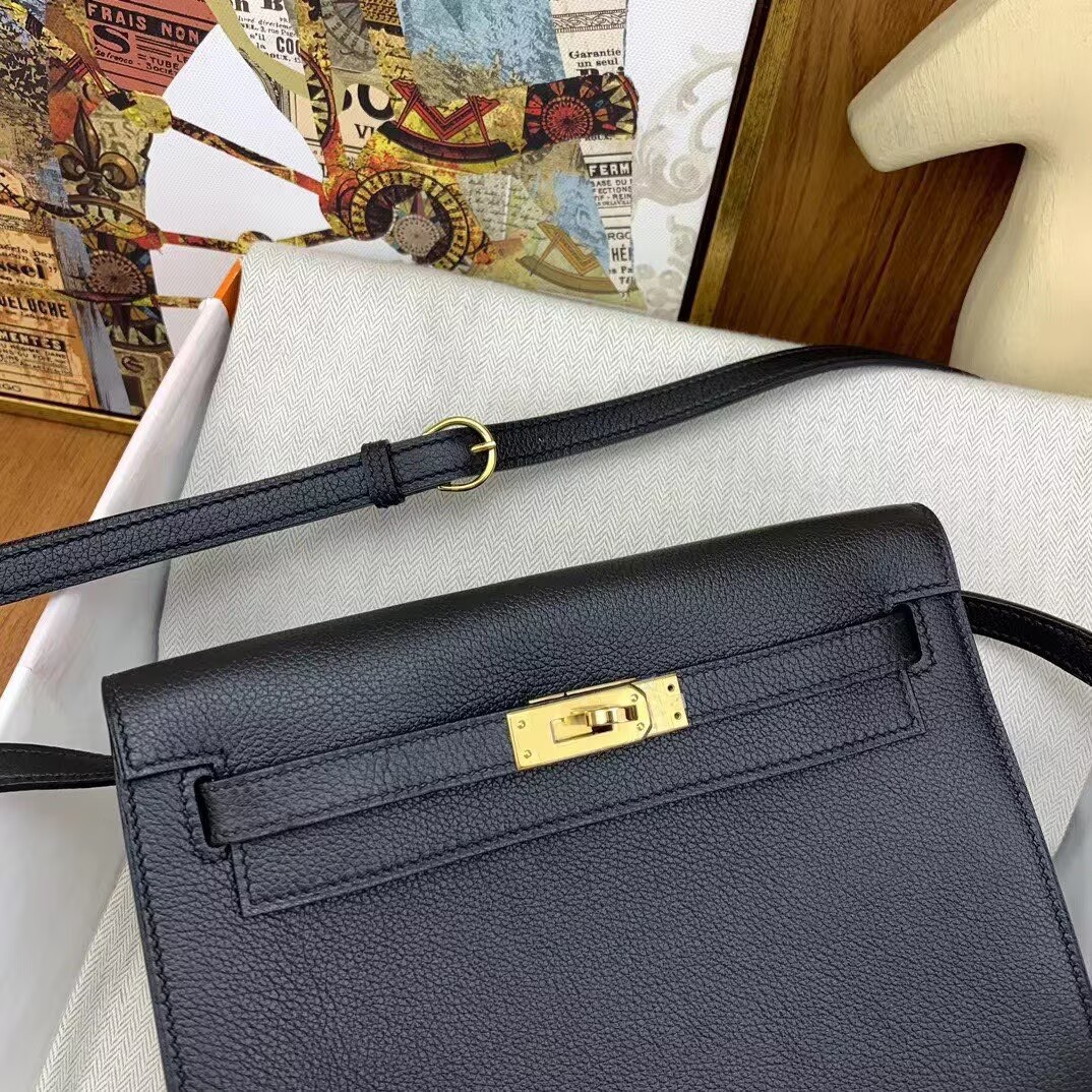 Hermes Kelly Danse Original Evercolor Leather 22CM KL22 Black Gold-Tone