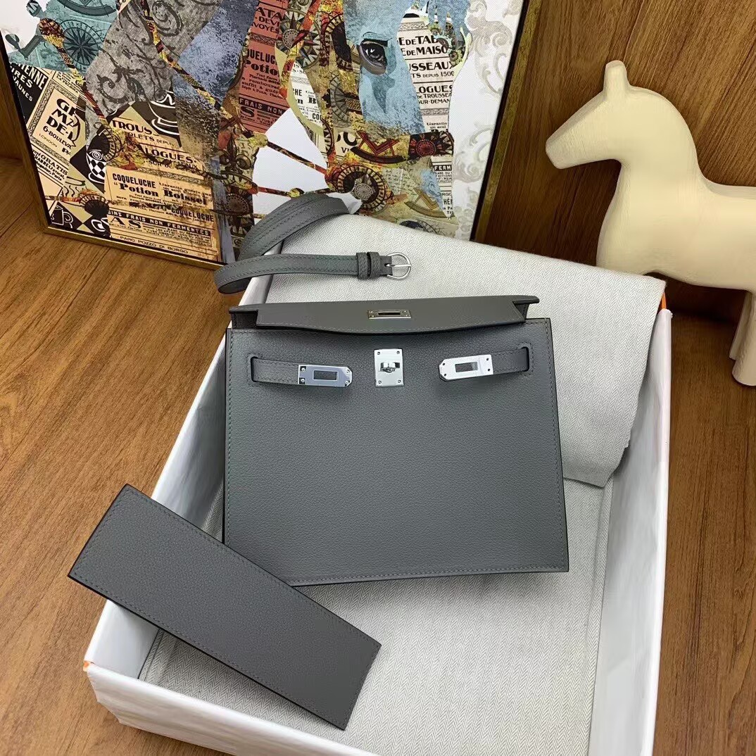 Hermes Kelly Danse Original Evercolor Leather 22CM KL22 Gray Silver-Tone