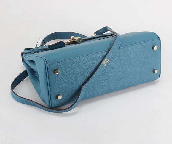 Hermes Kelly 32cm Togo Leather Handbags 6018 Blue Golden Hermes Kelly 32cm Togo Leather Handbags 6018 Blue Golden