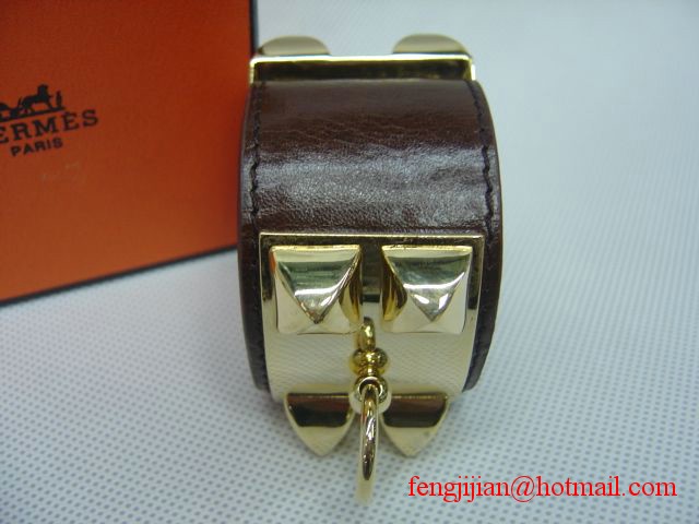 2010 Hermes dark Brown Leather Gold Bangle 1171