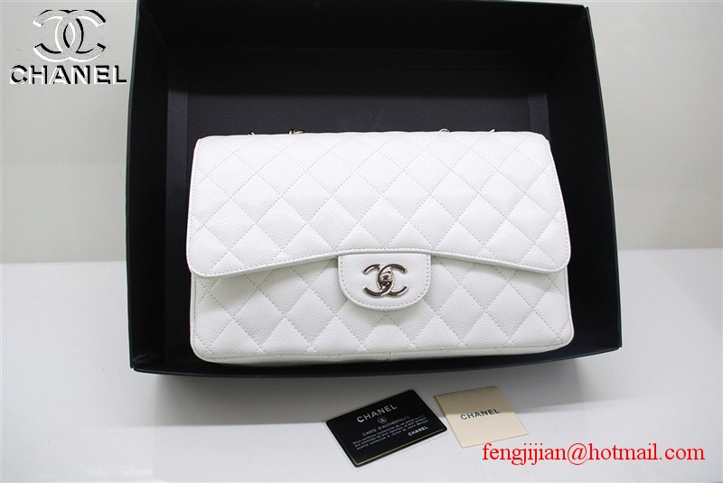 Chanel Jumbo Caviar Flap Bag 36076 White Silver Chain Chanel Jumbo Caviar Flap Bag 36076 White Silver Chain