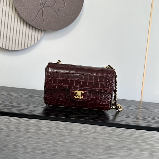 Chanel MINI FLAP BAG Crocodile Embossed 1116 Dark Burgundy&gold
