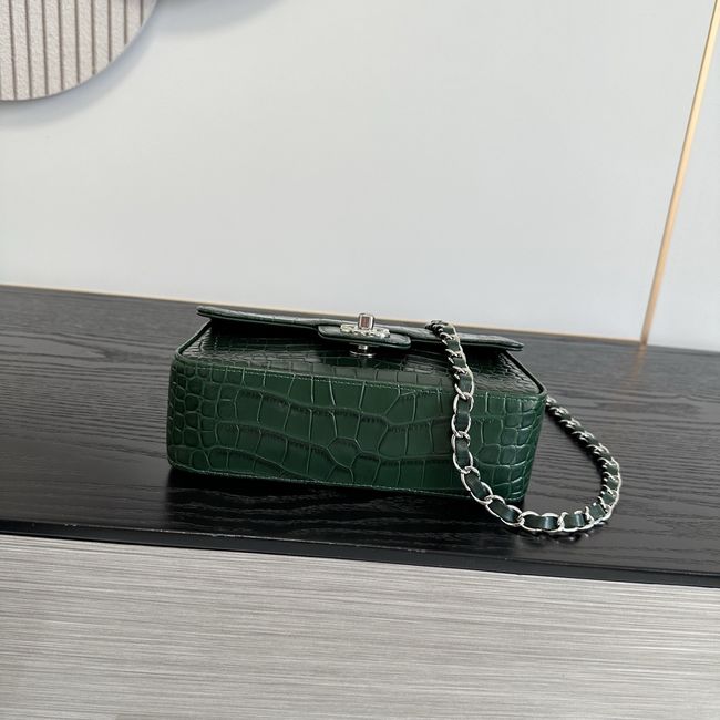Chanel MINI FLAP BAG Crocodile Embossed 1116 green&silver
