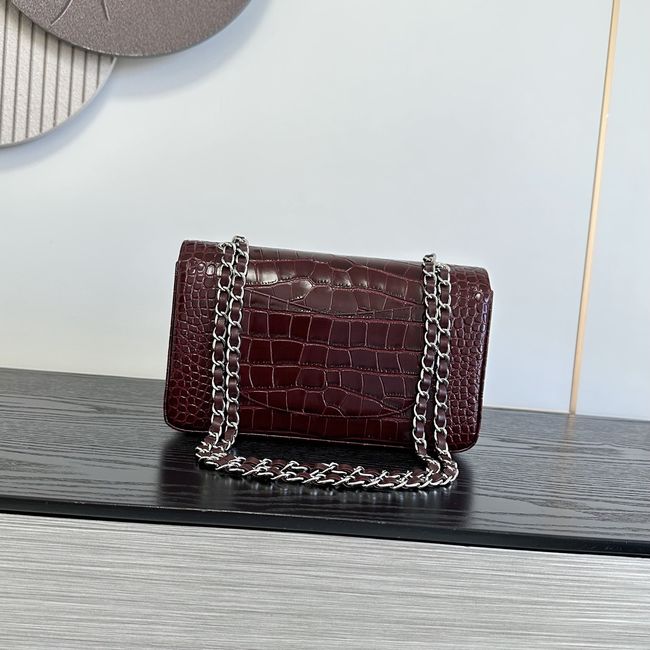 Chanel Small Flap Bag Crocodile Embossed 1112 Dark Burgundy&silver