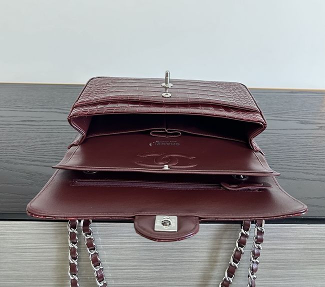 Chanel Small Flap Bag Crocodile Embossed 1112 Dark Burgundy&silver