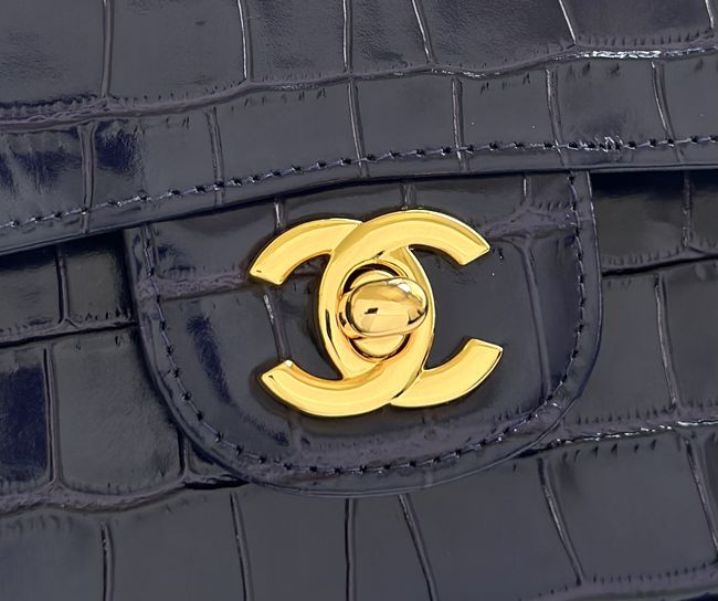 Chanel Small Flap Bag Crocodile Embossed 1112 dark blue&gold