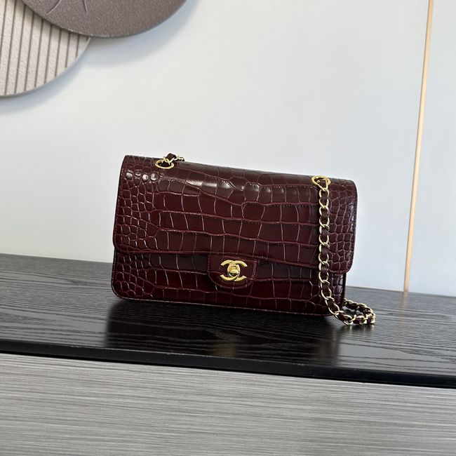 Chanel Small Flap Bag Crocodile Embossed Calfskin 1112 Dark Burgundy