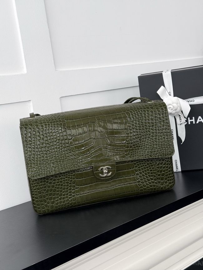 Chanel Crocodile Embossed Maxi Flapbag Calfskin AS6233 dark green